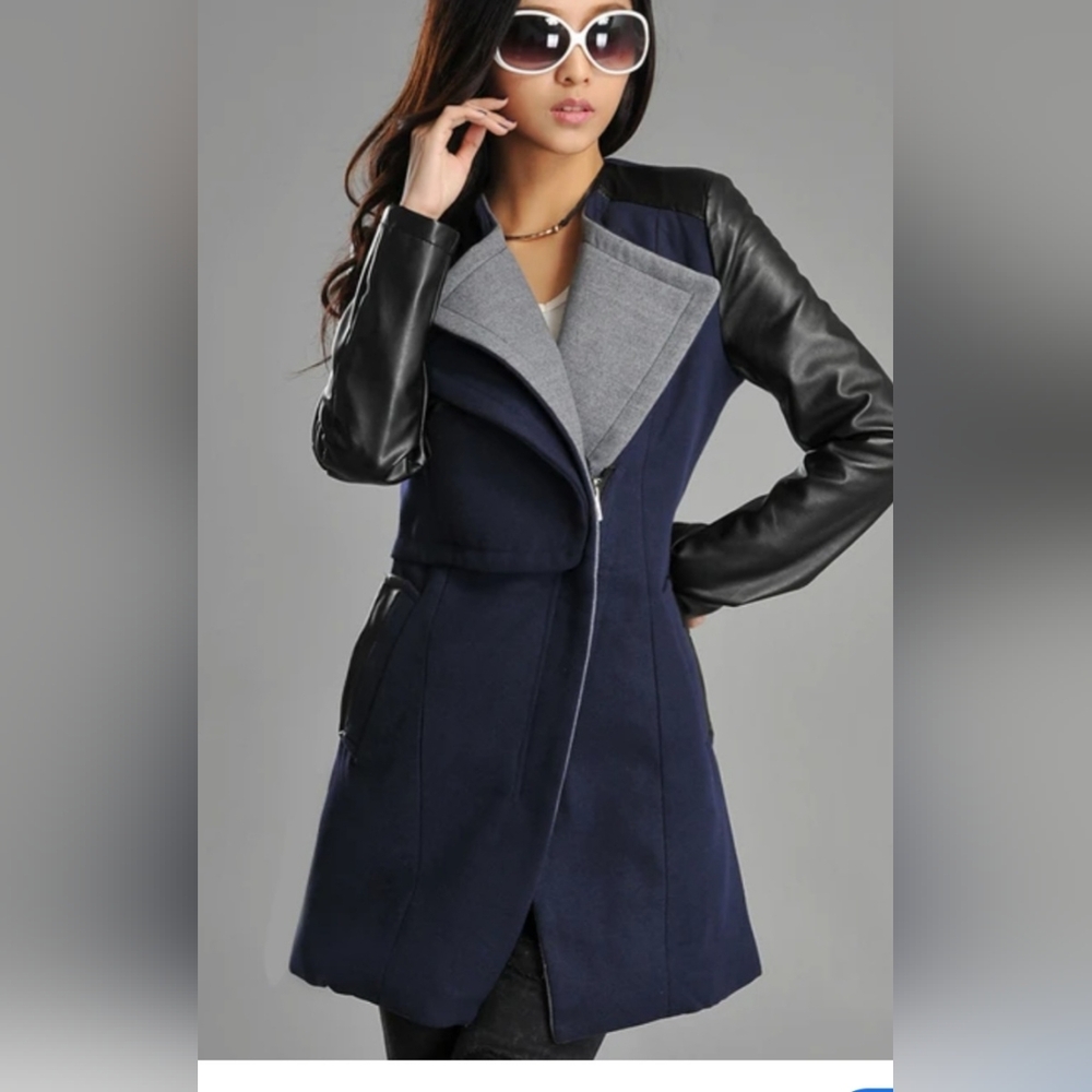 Stylish Navy and Black Trench Coat W/ Faux Leather Sleeves / Medium